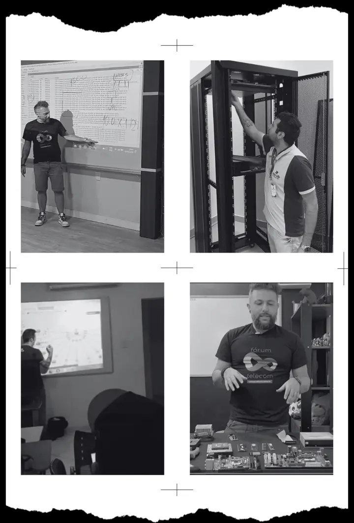 Cristiano Figueiredo dando aula: quadro de redes, rack de servidores e bancada de equipamentos