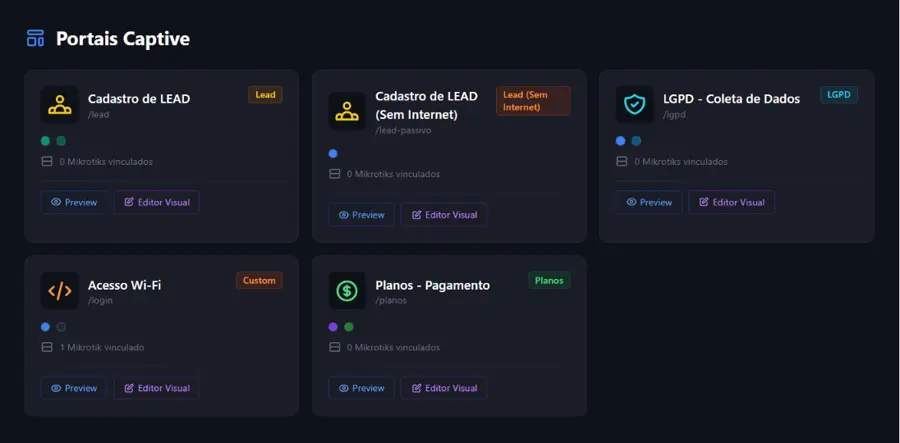Tela de portais do sistema: Lead, LGPD, Login e Planos